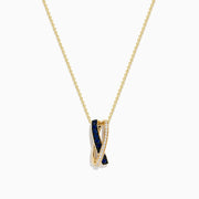 The Royale Bleu 14K Yellow Gold Pendant showcases an intertwined design with a blue sapphire band and a diamond-encrusted band, set on a gold chain, elegantly displayed against a white background.
