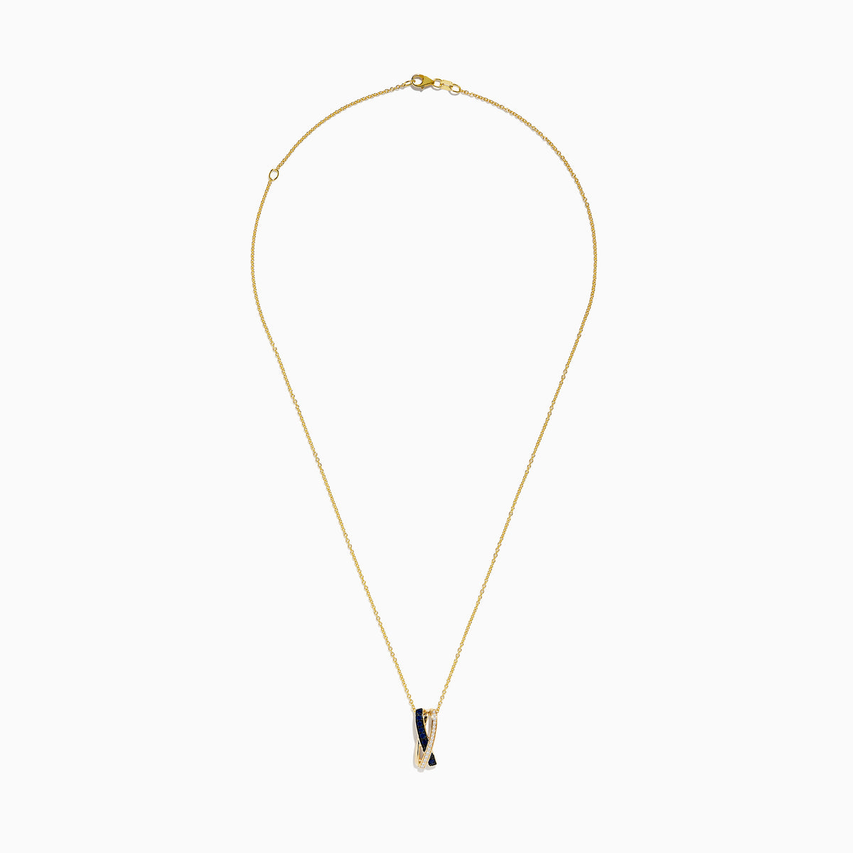 The Royale Bleu 14K Yellow Gold Pendant showcases an intertwined design with a blue sapphire band and a diamond-encrusted band, set on a gold chain, elegantly displayed against a white background.
