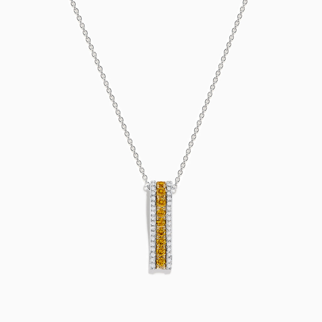 The Canare 14K Two Tone Gold White and Yellow Diamond Pendant features a rectangular design with a vertical row of yellow diamonds bordered by white stones, displayed against a plain white background.