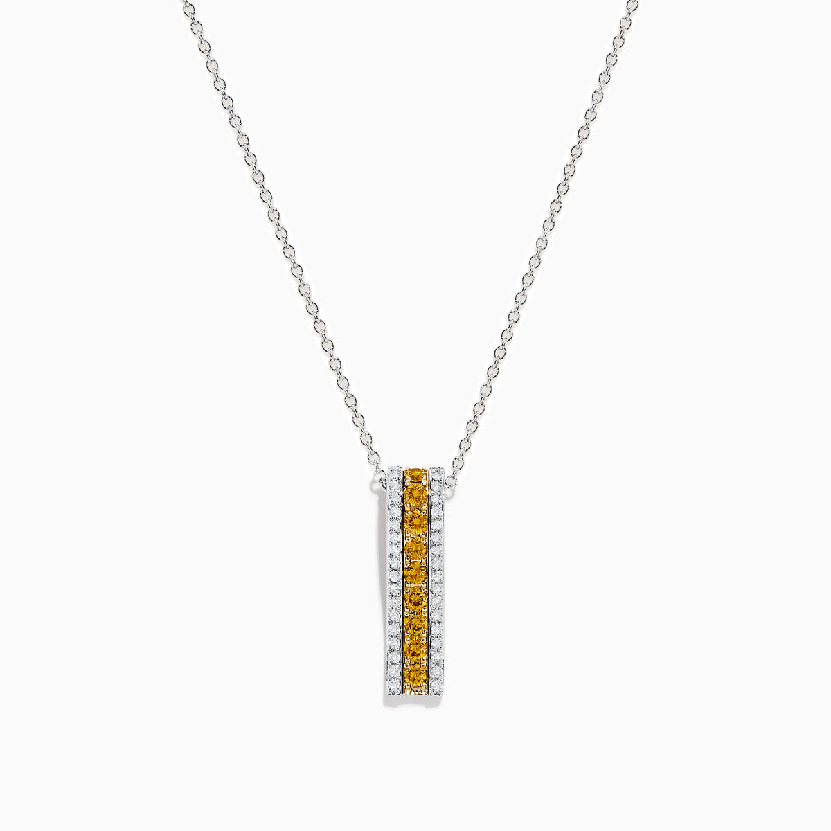 The Canare 14K Two Tone Gold White and Yellow Diamond Pendant features a rectangular design with a vertical row of yellow diamonds bordered by white stones, displayed against a plain white background.