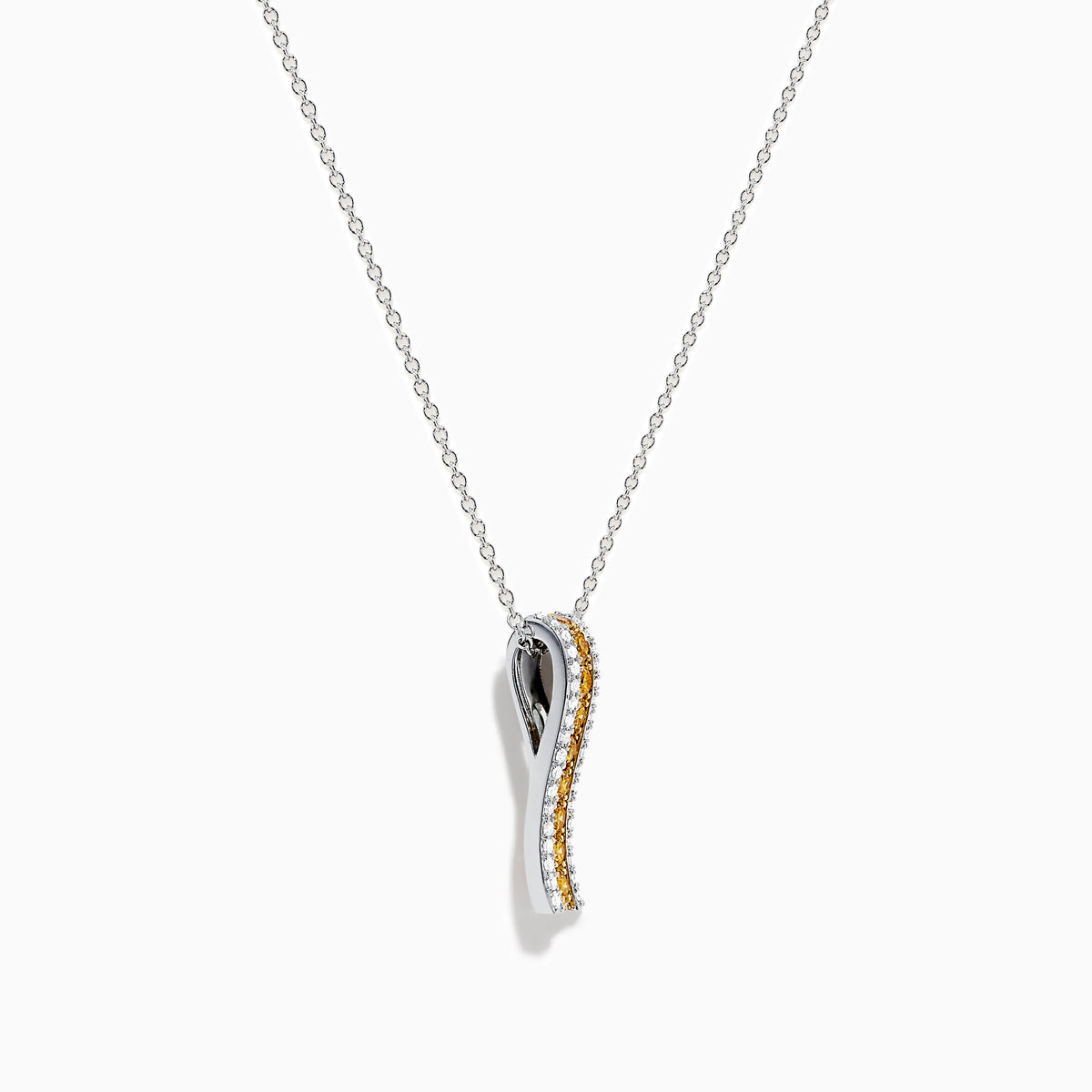 The Canare 14K Two Tone Gold White and Yellow Diamond Pendant features a rectangular design with a vertical row of yellow diamonds bordered by white stones, displayed against a plain white background.