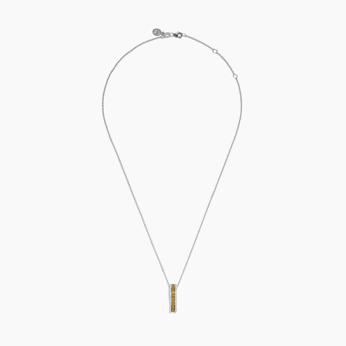 The Canare 14K Two Tone Gold White and Yellow Diamond Pendant features a rectangular design with a vertical row of yellow diamonds bordered by white stones, displayed against a plain white background.