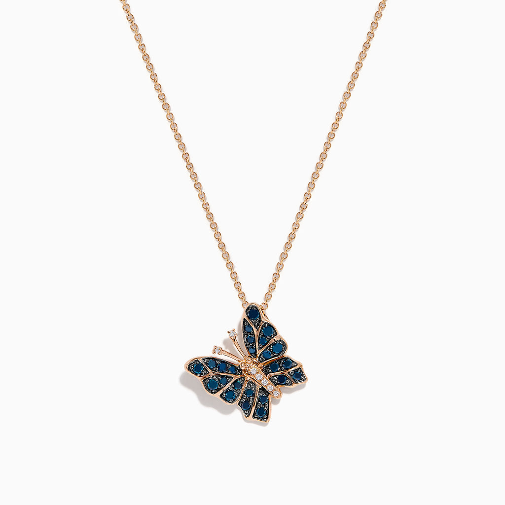 The Bella Bleu 14K Rose Gold White and Blue Diamond Butterfly Pendant necklace features a butterfly pendant with white and blue diamonds and small clear crystals, shown on a white background.