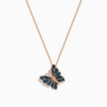 The Bella Bleu 14K Rose Gold White and Blue Diamond Butterfly Pendant necklace features a butterfly pendant with white and blue diamonds and small clear crystals, shown on a white background.