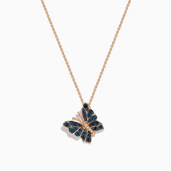 The Bella Bleu 14K Rose Gold White and Blue Diamond Butterfly Pendant necklace features a butterfly pendant with white and blue diamonds and small clear crystals, shown on a white background.