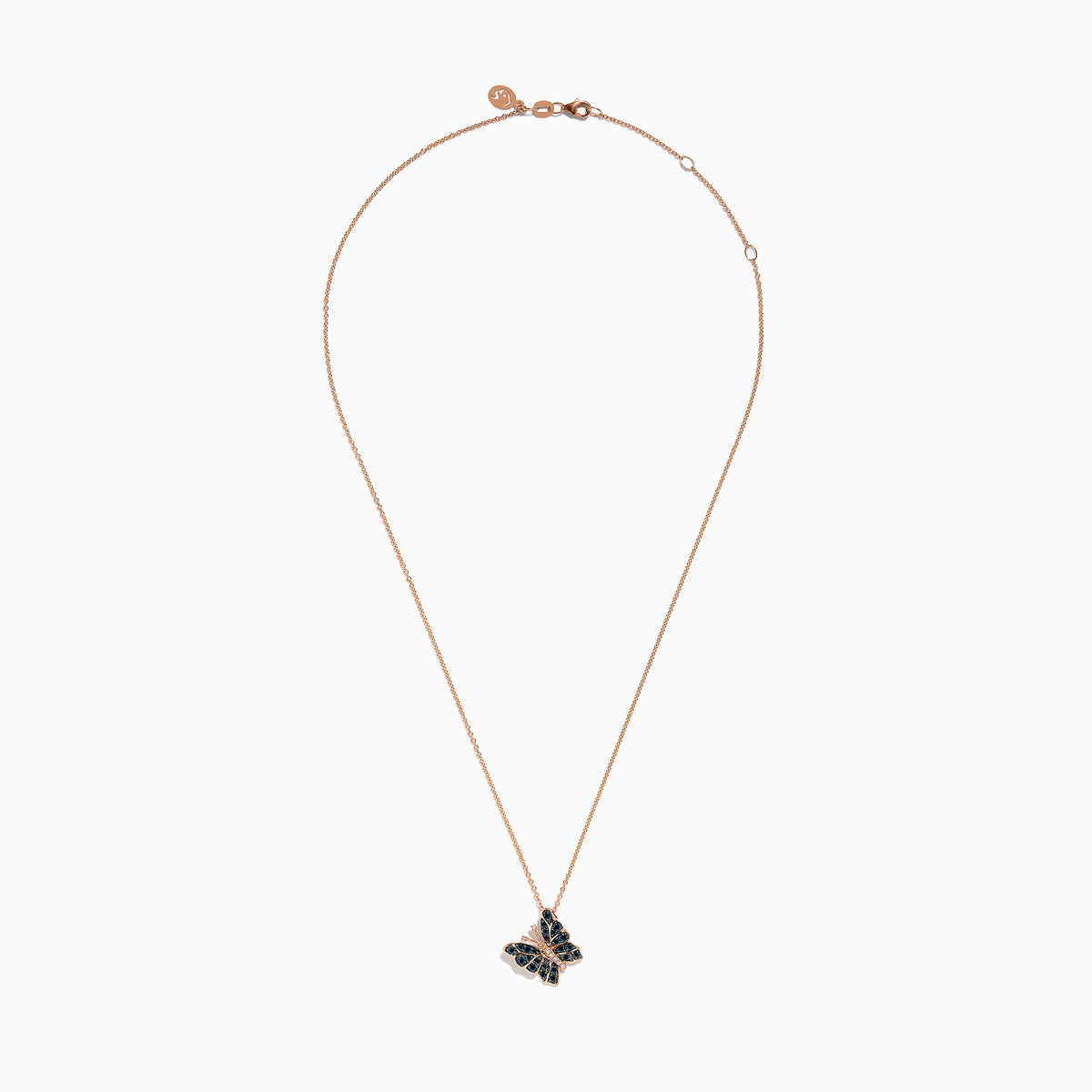 The Bella Bleu 14K Rose Gold White and Blue Diamond Butterfly Pendant necklace features a butterfly pendant with white and blue diamonds and small clear crystals, shown on a white background.
