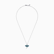 The Seaside Bella Bleu 14K White Gold Blue and White Diamond Sting Ray Pendant features sparkling blue and white diamonds on a delicate chain, displayed against a white background.