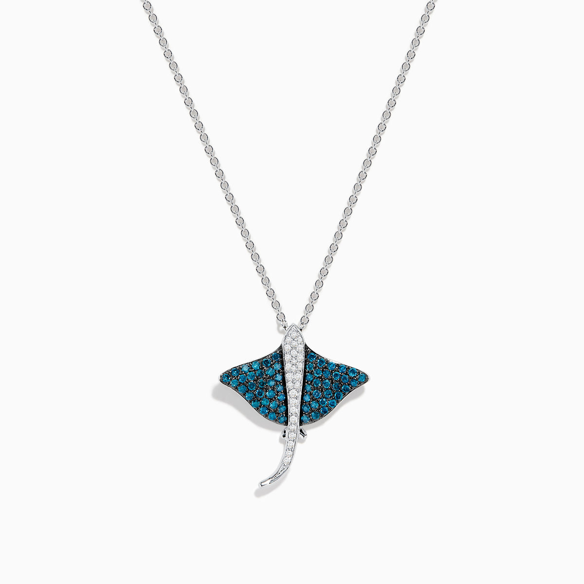The Seaside Bella Bleu 14K White Gold Blue and White Diamond Sting Ray Pendant features sparkling blue and white diamonds on a delicate chain, displayed against a white background.