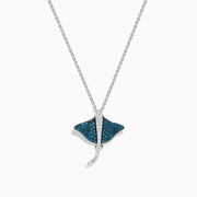 The Seaside Bella Bleu 14K White Gold Blue and White Diamond Sting Ray Pendant features sparkling blue and white diamonds on a delicate chain, displayed against a white background.