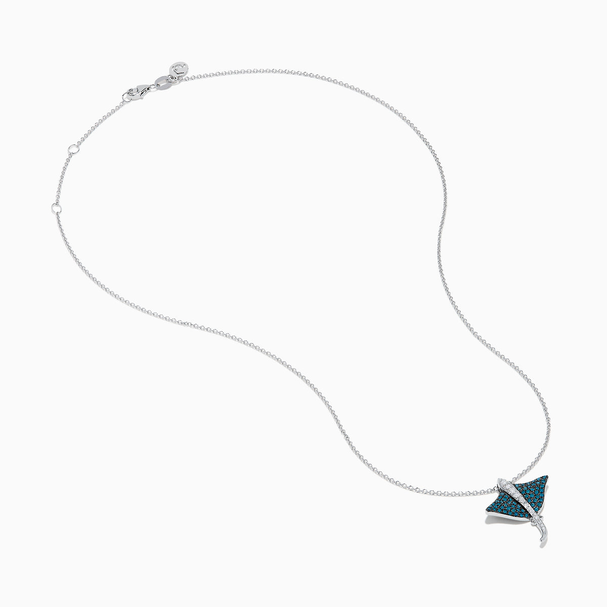 The Seaside Bella Bleu 14K White Gold Blue and White Diamond Sting Ray Pendant features sparkling blue and white diamonds on a delicate chain, displayed against a white background.
