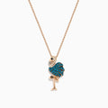 The Safari 14K Rose Gold Multi Color Diamond Flamingo Pendant features a flamingo standing on one leg, adorned with vibrant blue, white, and multicolor diamond accents on a rose gold chain.