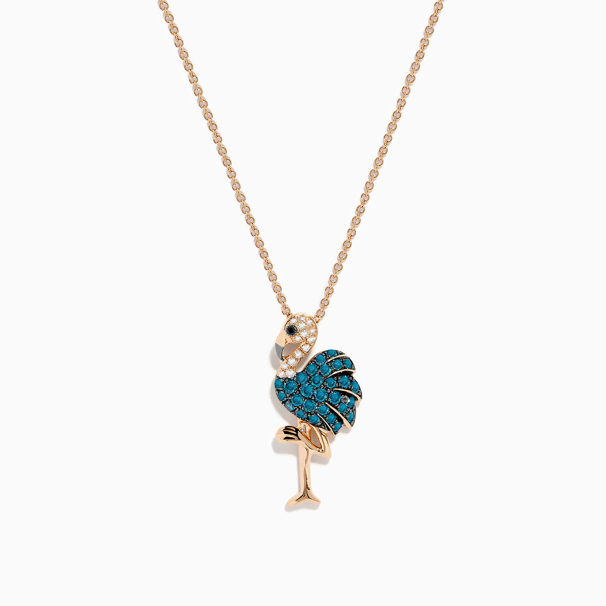 The Safari 14K Rose Gold Multi Color Diamond Flamingo Pendant features a flamingo standing on one leg, adorned with vibrant blue, white, and multicolor diamond accents on a rose gold chain.