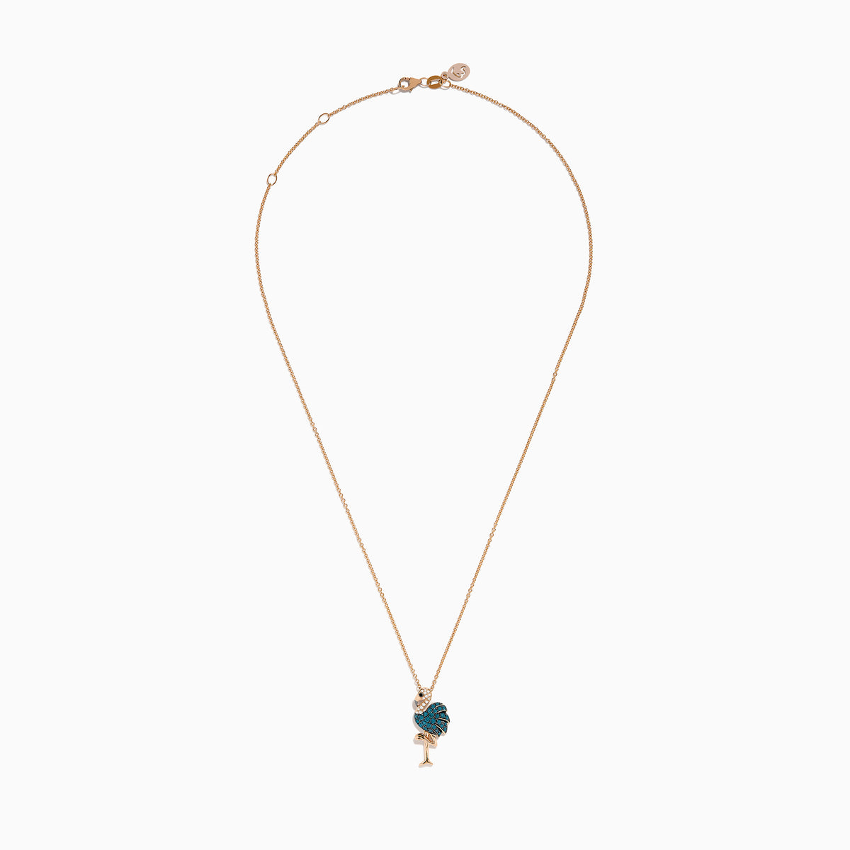 The Safari 14K Rose Gold Multi Color Diamond Flamingo Pendant features a flamingo standing on one leg, adorned with vibrant blue, white, and multicolor diamond accents on a rose gold chain.