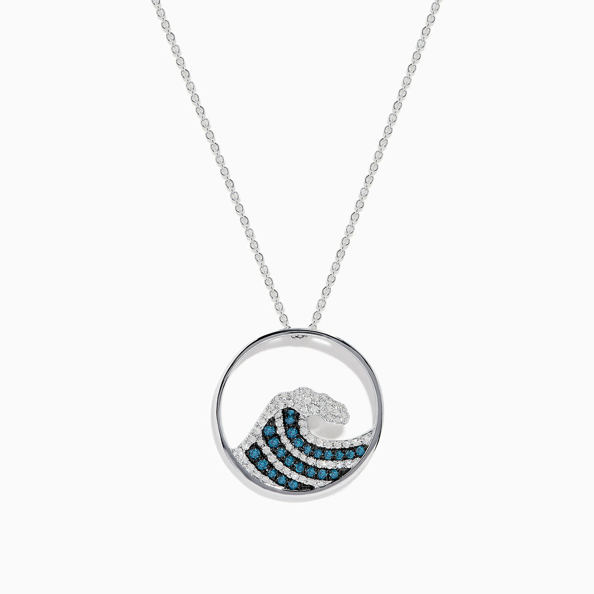 The Seaside 14K White Gold Blue and White Diamond Wave Pendant features a circular design with sparkling gems on a delicate chain, offering an elegant and airy style.