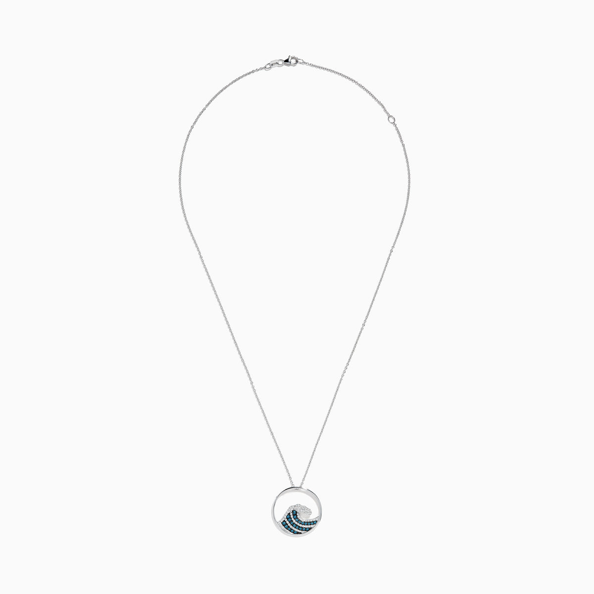 The Seaside 14K White Gold Blue and White Diamond Wave Pendant features a circular design with sparkling gems on a delicate chain, offering an elegant and airy style.