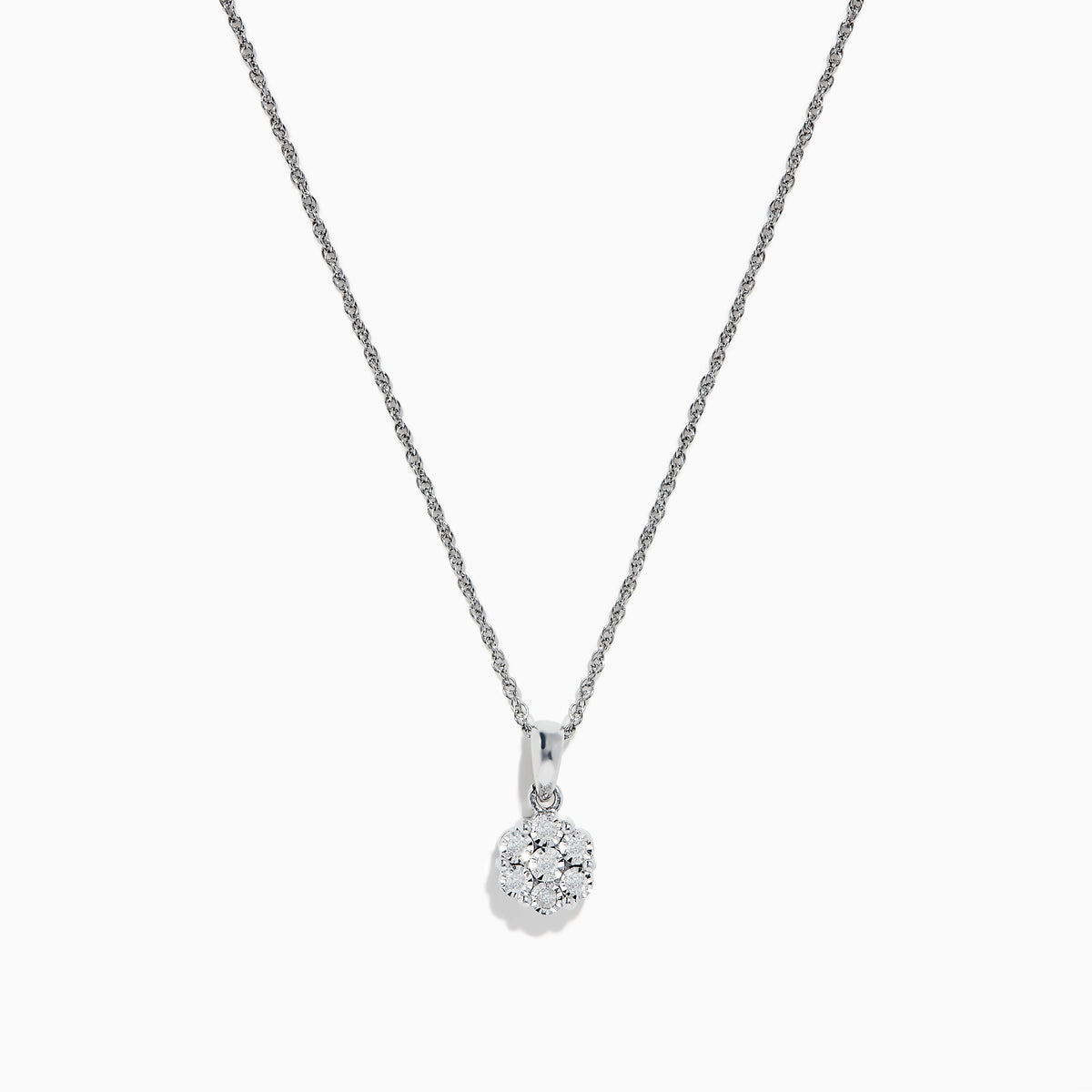 The 925 Sterling Silver Diamond Cluster Pendant features a round, sparkling diamond cluster in a floral-style setting on a delicate silver chain, shown against a plain white background.