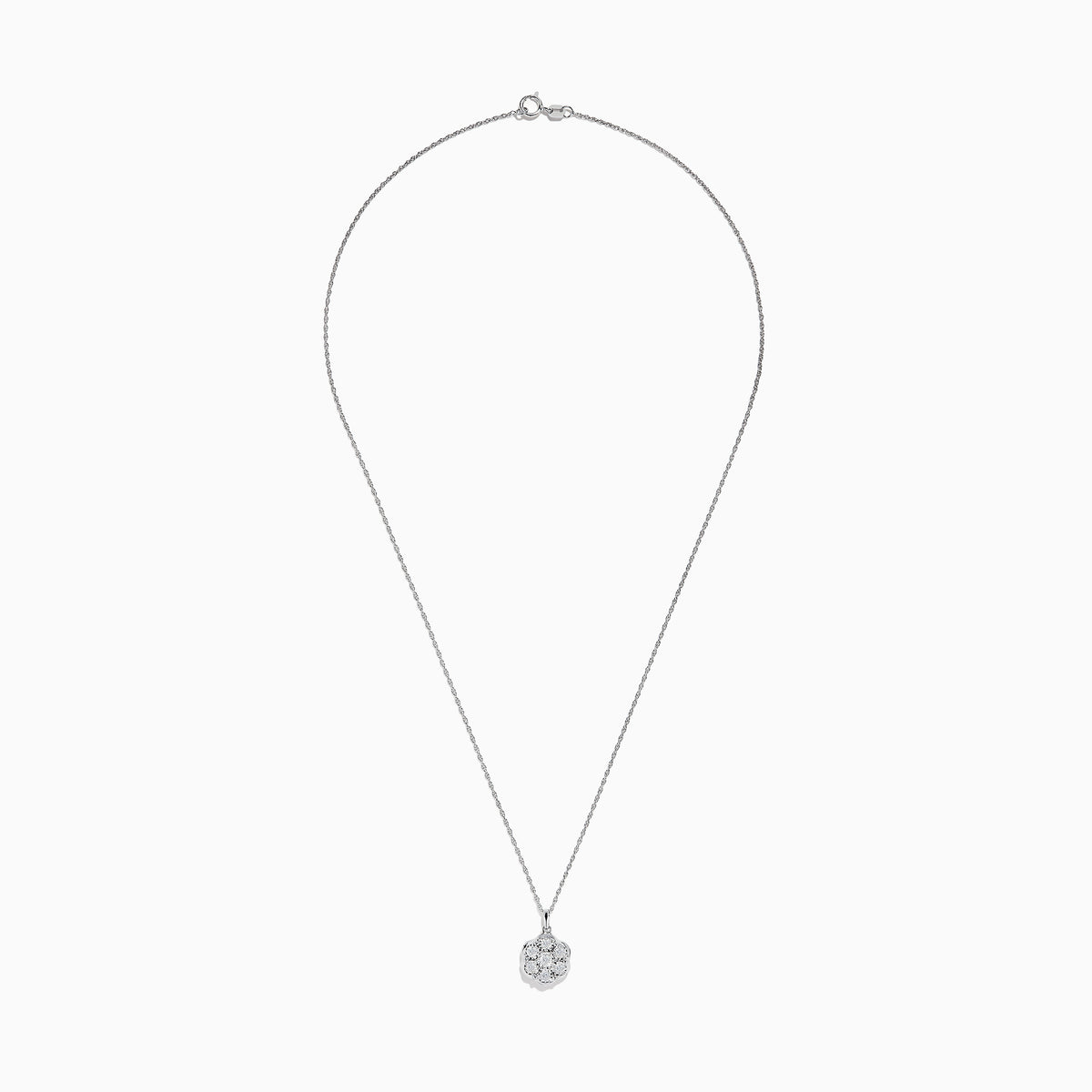 The 925 Sterling Silver Diamond Cluster Pendant features a delicate chain and a flower-shaped pendant with seven closely set round diamonds in an elegant cluster design.