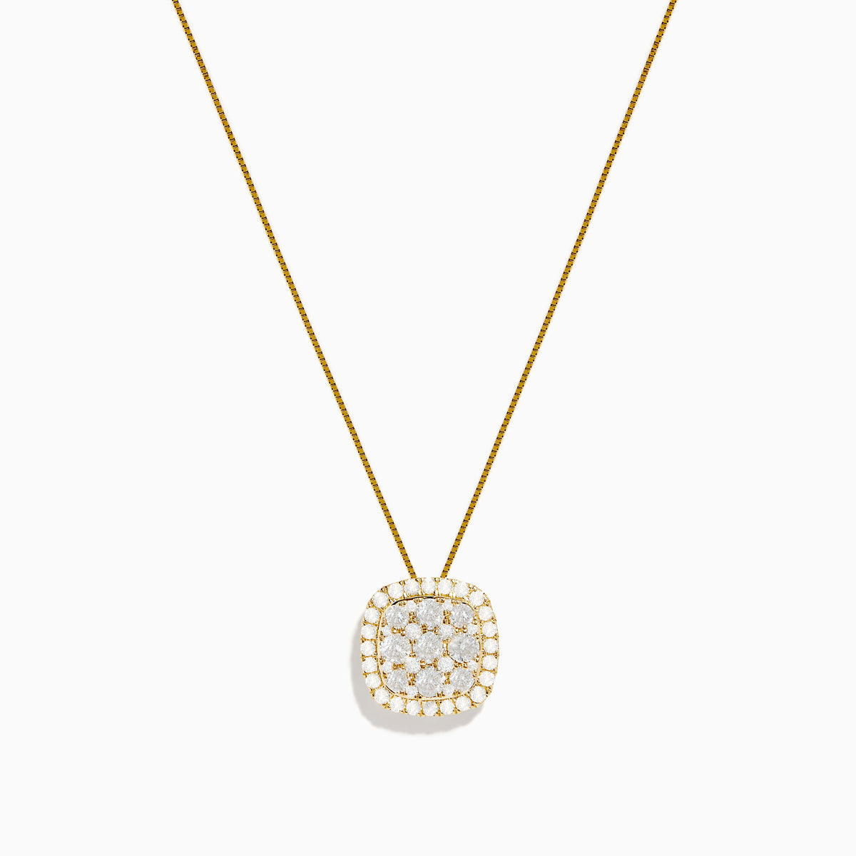 The Pave Classica 14K Yellow Gold Square Diamond Pendant features a 0.98 TCW square-shaped pendant encrusted with sparkling white diamonds, suspended from a fine gold chain, shown against a white background.