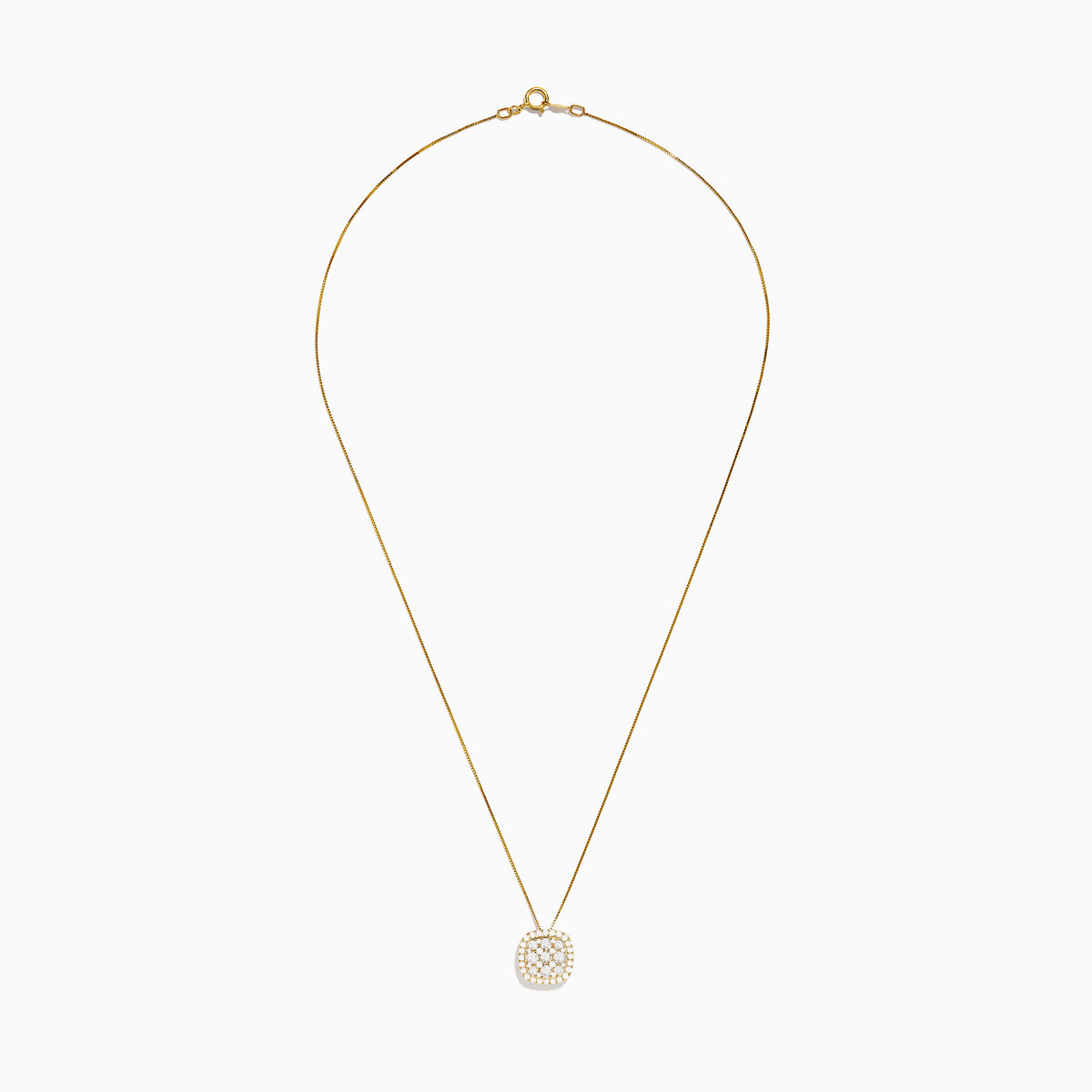 The Pave Classica 14K Yellow Gold Square Diamond Pendant features a 0.98 TCW square-shaped pendant encrusted with sparkling white diamonds, suspended from a fine gold chain, shown against a white background.