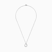 The 925 Sterling Silver Diamond Halo Pear Pendant features a teardrop-shaped design outlined with sparkling clear gemstones, elegantly displayed on a white background.