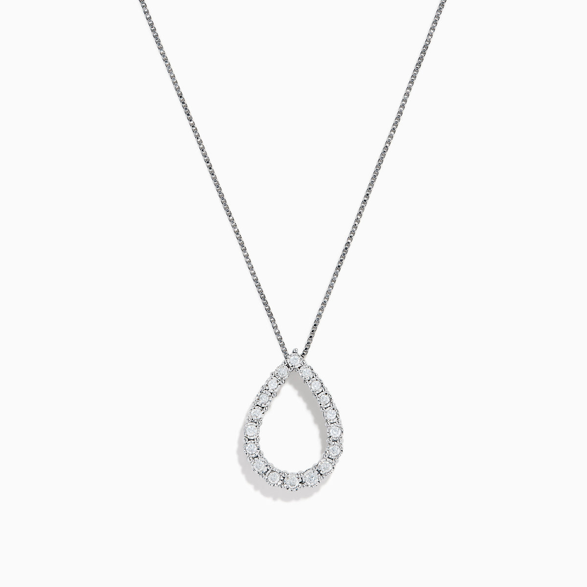 The 925 Sterling Silver Diamond Halo Pear Pendant features a teardrop-shaped design outlined with sparkling clear gemstones, elegantly displayed on a white background.
