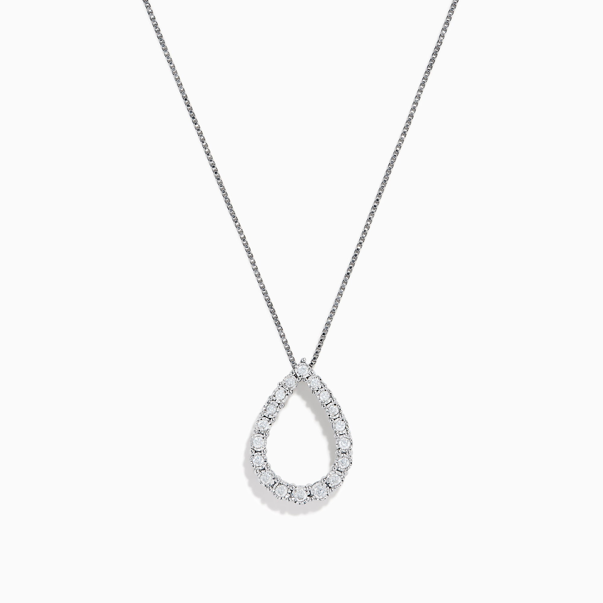 The 925 Sterling Silver Diamond Halo Pear Pendant features a teardrop-shaped design outlined with sparkling clear gemstones, elegantly displayed on a white background.