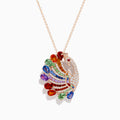The Safari 14K Rose Gold Multi Sapphire and Diamond Peacock Pendant features a peacock design with white diamonds and multi-colored sapphires in red, green, blue, orange, and purple on the feathers.