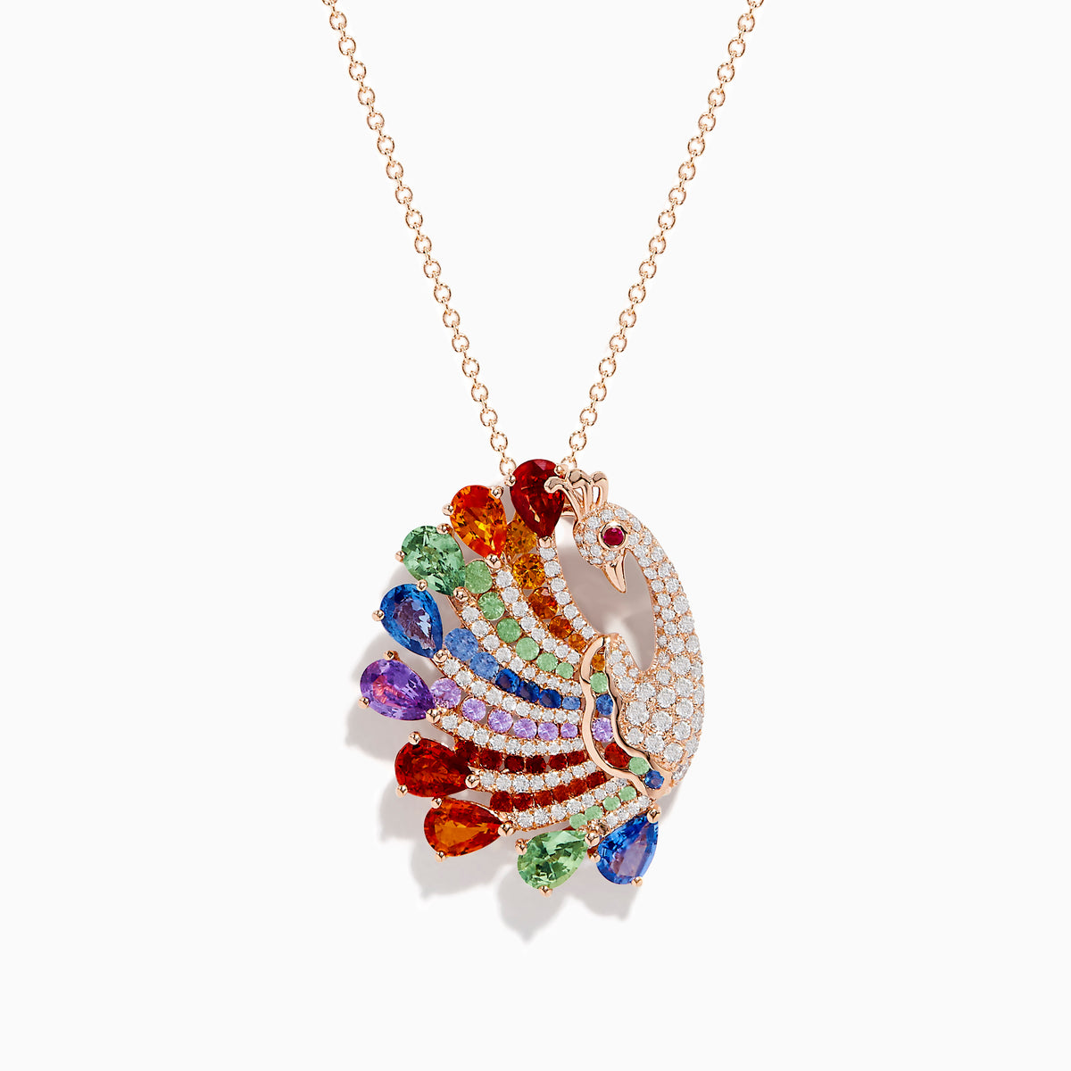 The Safari 14K Rose Gold Multi Sapphire and Diamond Peacock Pendant features a peacock design with white diamonds and multi-colored sapphires in red, green, blue, orange, and purple on the feathers.