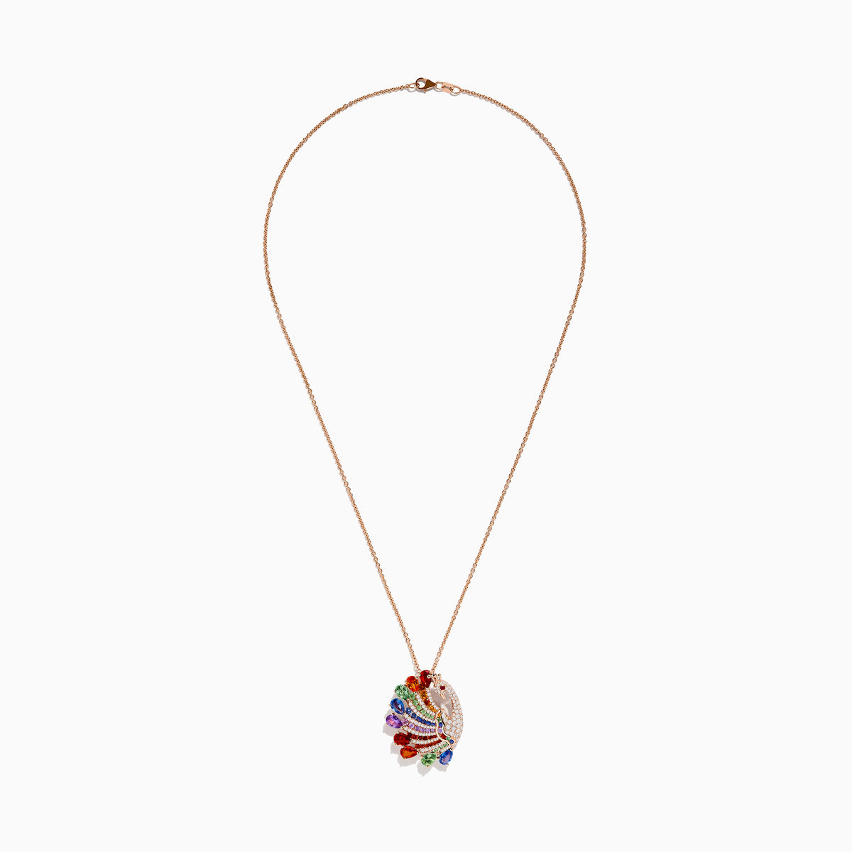 The Safari 14K Rose Gold Multi Sapphire and Diamond Peacock Pendant features a peacock design with white diamonds and multi-colored sapphires in red, green, blue, orange, and purple on the feathers.