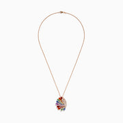 The Safari 14K Rose Gold Multi Sapphire and Diamond Peacock Pendant features a peacock design with white diamonds and multi-colored sapphires in red, green, blue, orange, and purple on the feathers.