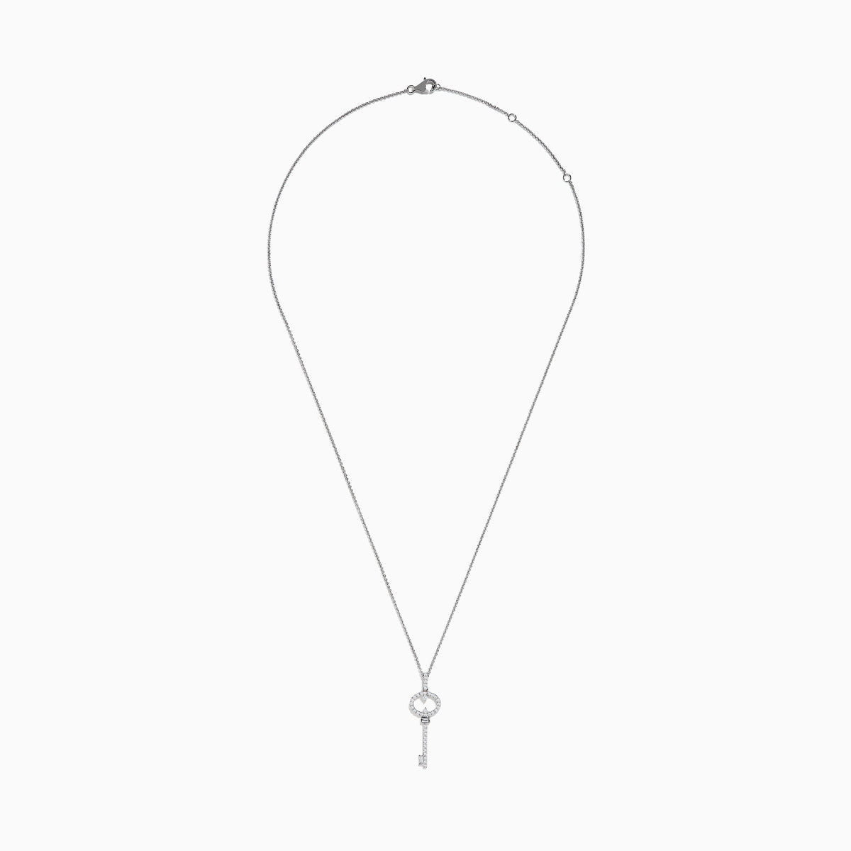The Novelty 925 Sterling Silver Diamond Key Pendant features a sparkling diamond-encrusted key design on a delicate chain, making it an elegant and eye-catching piece of jewelry.
