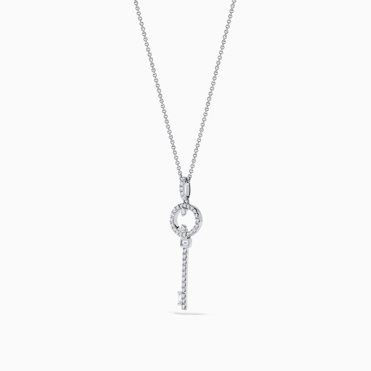 The Novelty 925 Sterling Silver Diamond Key Pendant features a sparkling diamond-encrusted key design on a delicate chain, making it an elegant and eye-catching piece of jewelry.