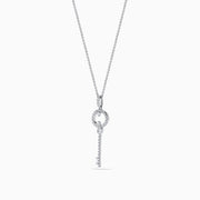 The Novelty 925 Sterling Silver Diamond Key Pendant features a sparkling diamond-encrusted key design on a delicate chain, making it an elegant and eye-catching piece of jewelry.