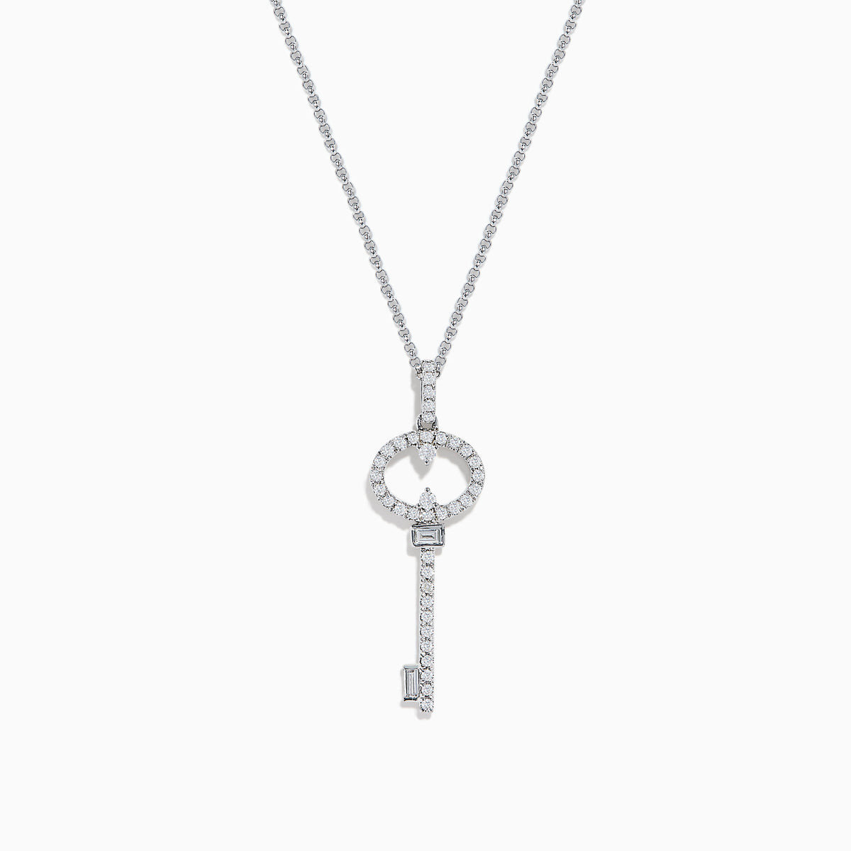 The Novelty 925 Sterling Silver Diamond Key Pendant features a sparkling diamond-encrusted key design on a delicate chain, making it an elegant and eye-catching piece of jewelry.