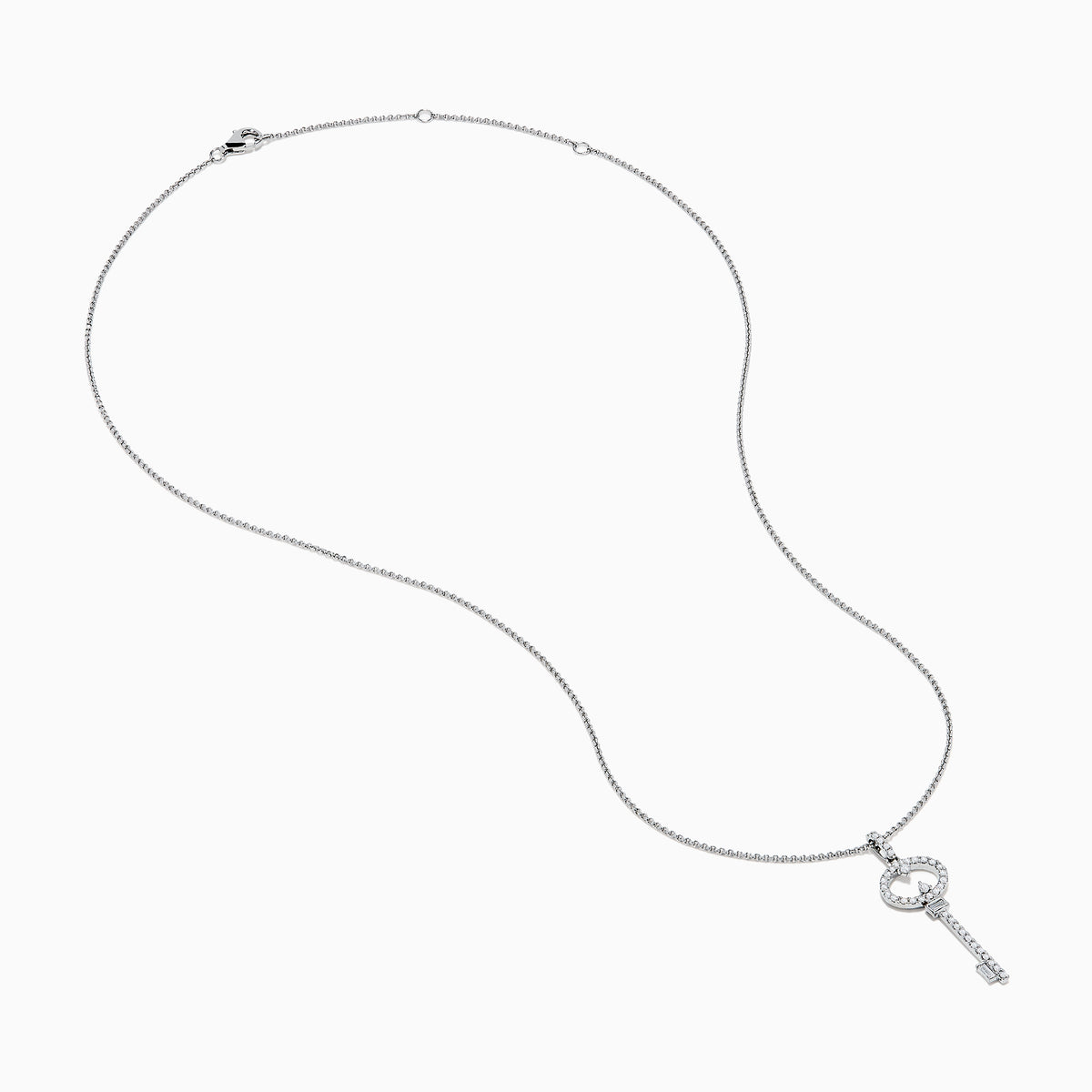 The Novelty 925 Sterling Silver Diamond Key Pendant features a sparkling diamond-encrusted key design on a delicate chain, making it an elegant and eye-catching piece of jewelry.