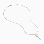 The Novelty 925 Sterling Silver Diamond Key Pendant features a sparkling diamond-encrusted key design on a delicate chain, making it an elegant and eye-catching piece of jewelry.
