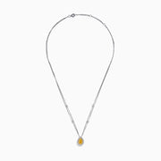 The 18K Two Toned White & Yellow Diamond Layered Doble Halo Pendant features a double-strand silver necklace with a pear-shaped yellow gemstone, diamond halos, and additional round diamonds on layered chains.