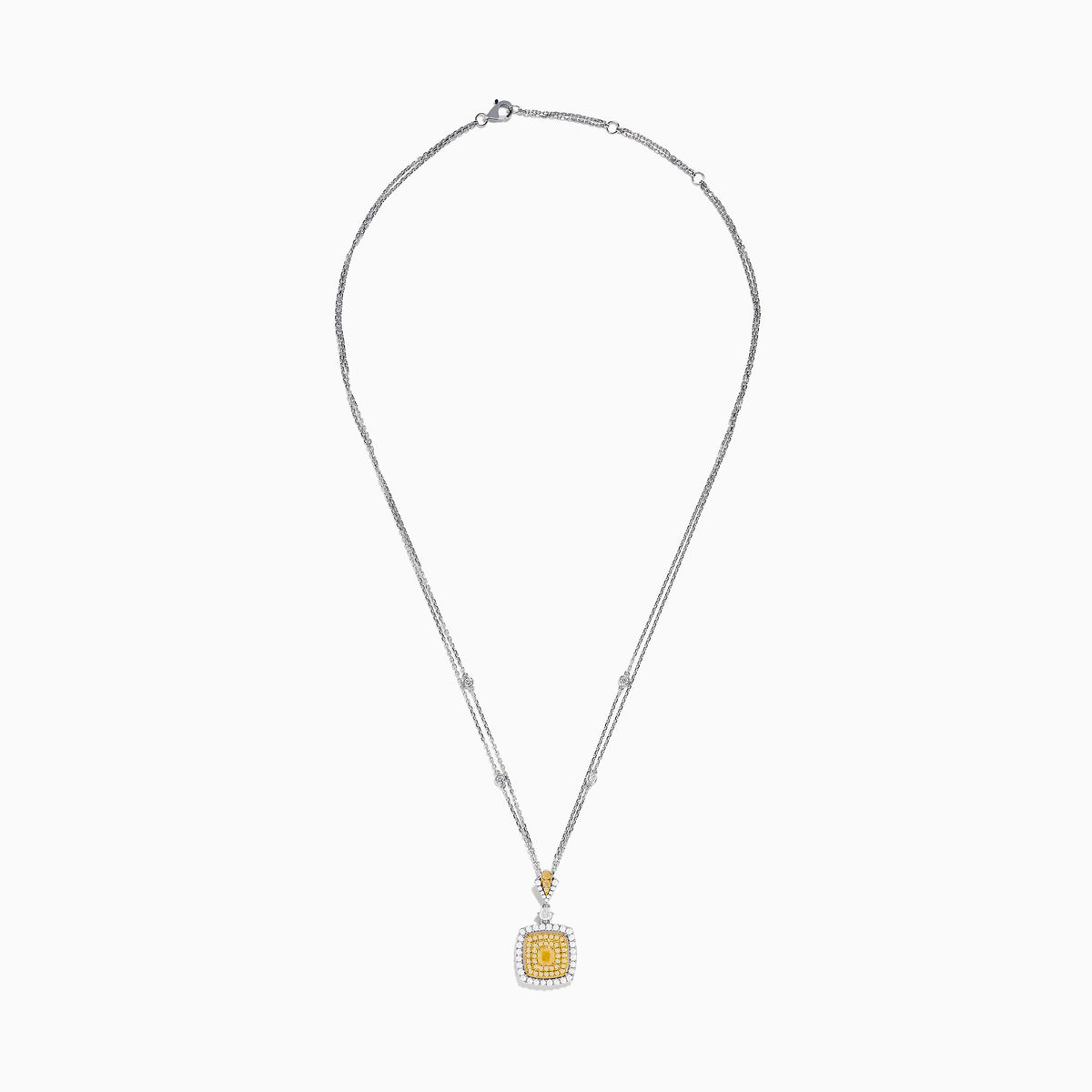 The Canare 18K Two Tone Gold Pendant features a double chain and a square pendant with yellow diamonds in the center, clear stones around, plus extra stones on the chain and bail.