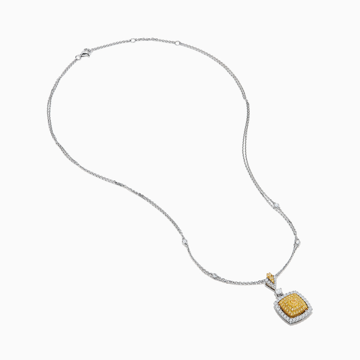 The Canare 18K Two Tone Gold Pendant features a double chain and a square pendant with yellow diamonds in the center, clear stones around, plus extra stones on the chain and bail.