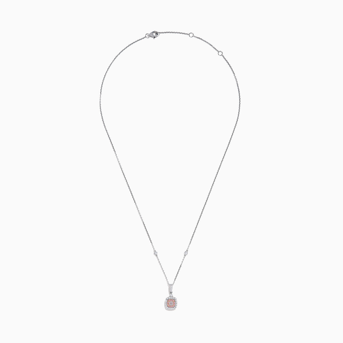 An 18K Two Tone Gold White and Pink Diamond Pendant featuring a square white diamond with a pink center stone, accented by two halos of sparkling white diamonds on a silver chain set with small diamonds.