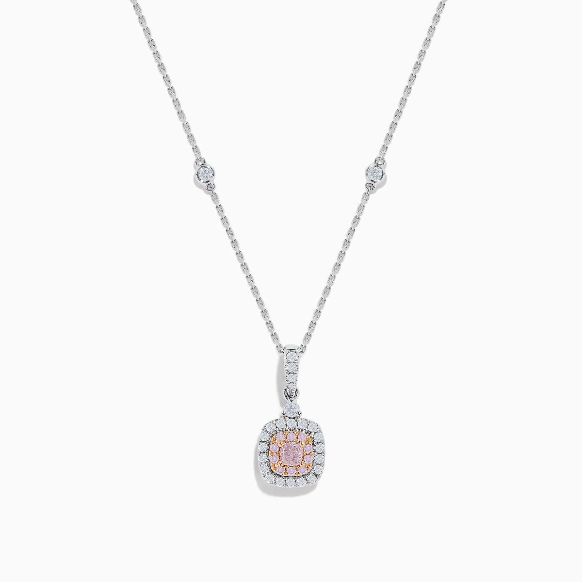 An 18K Two Tone Gold White and Pink Diamond Pendant featuring a square white diamond with a pink center stone, accented by two halos of sparkling white diamonds on a silver chain set with small diamonds.