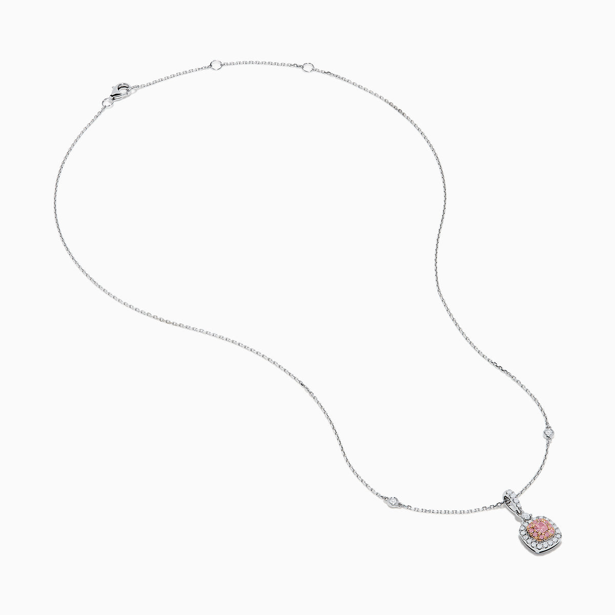 An 18K Two Tone Gold White and Pink Diamond Pendant featuring a square white diamond with a pink center stone, accented by two halos of sparkling white diamonds on a silver chain set with small diamonds.