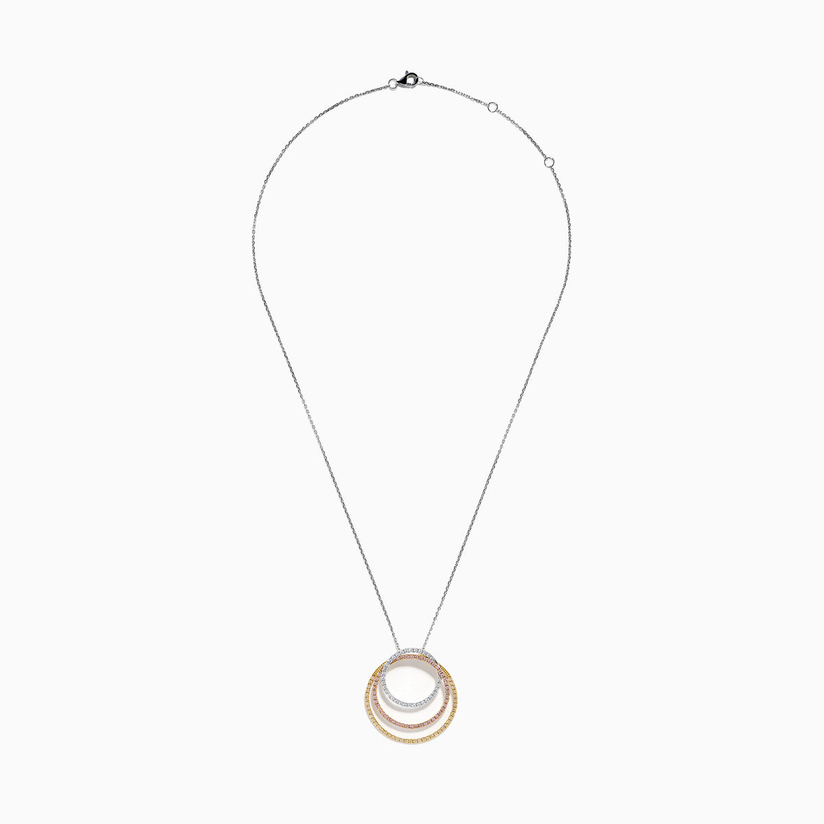 The 18K Gold Pink, Yellow and White Diamond Circles Pendant features three interlocking rings in tri-color gold with pink, yellow, and white diamonds on a silver chain against a white background.