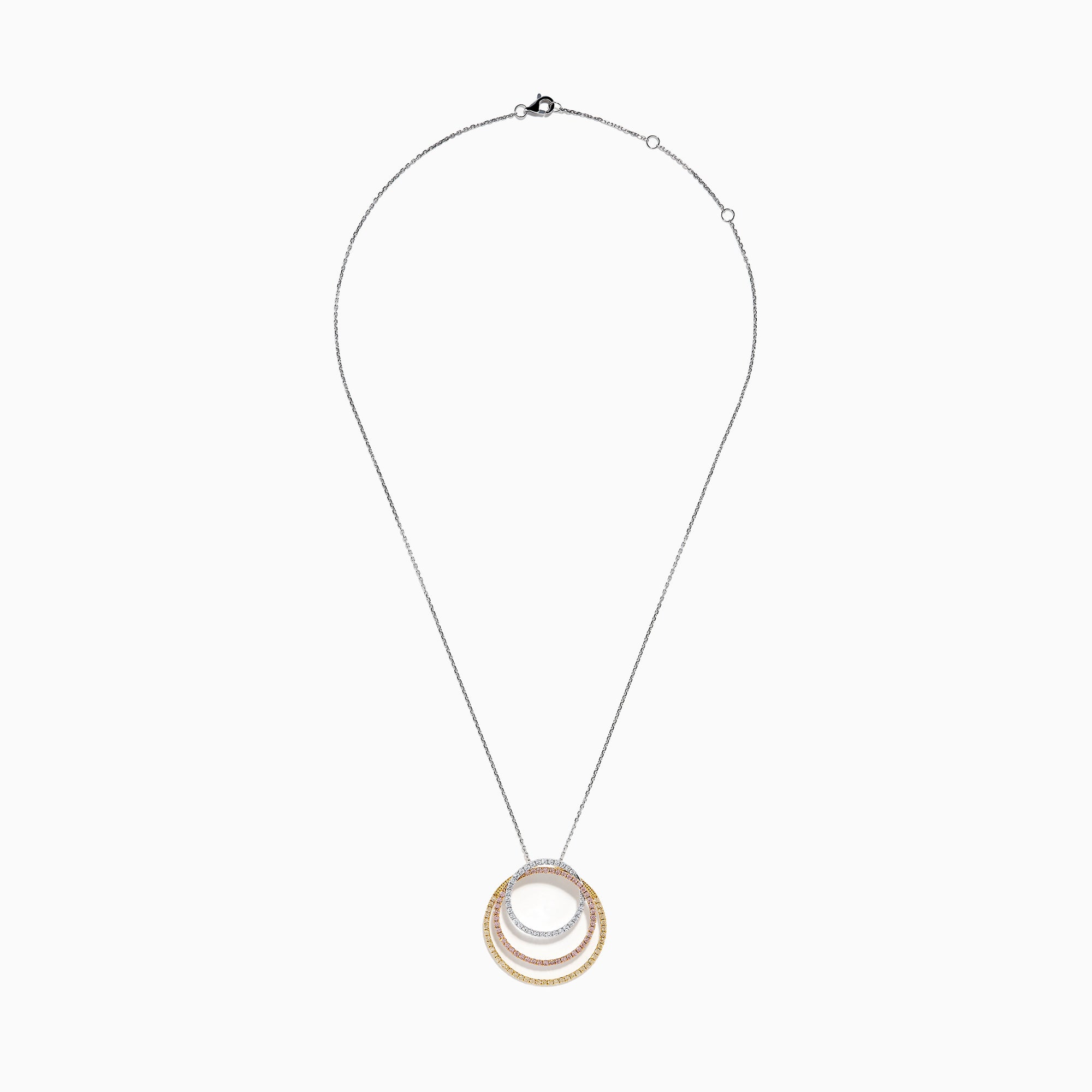 The 18K Gold Pink, Yellow and White Diamond Circles Pendant features three interlocking rings in tri-color gold with pink, yellow, and white diamonds on a silver chain against a white background.