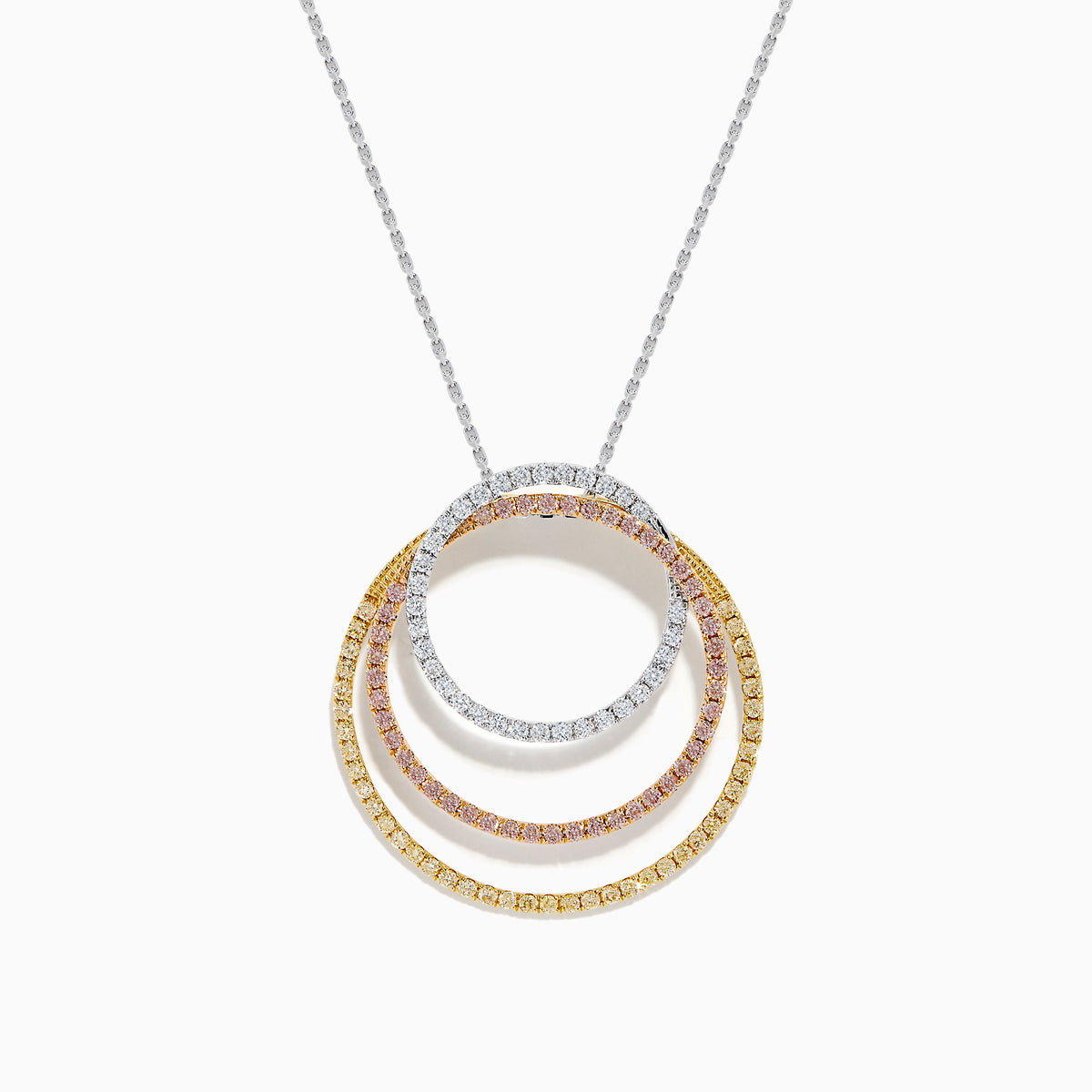 The 18K Gold Pink, Yellow and White Diamond Circles Pendant features three interlocking rings in tri-color gold with pink, yellow, and white diamonds on a silver chain against a white background.