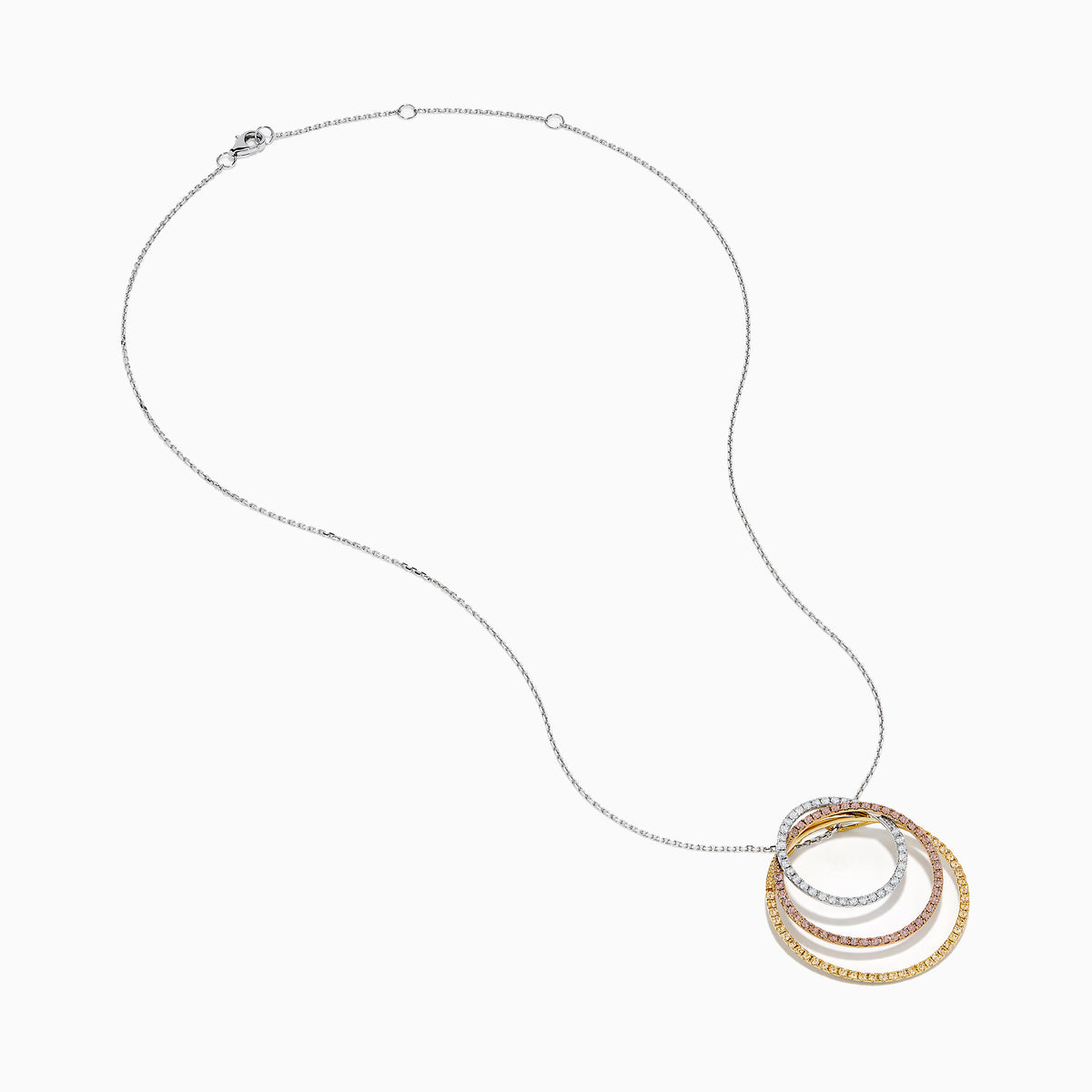 The 18K Gold Pink, Yellow and White Diamond Circles Pendant features three interlocking rings in tri-color gold with pink, yellow, and white diamonds on a silver chain against a white background.