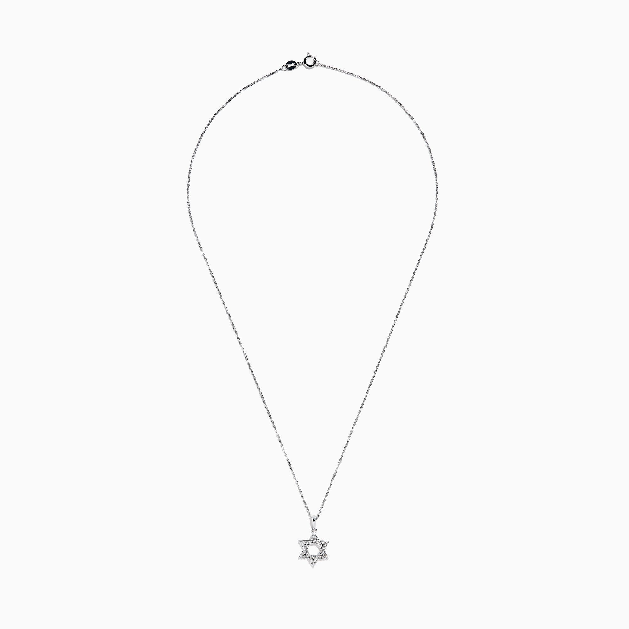 The 925 Sterling Silver Diamond Star of David Pendant is showcased on a silver chain, elegantly displayed against a white background.