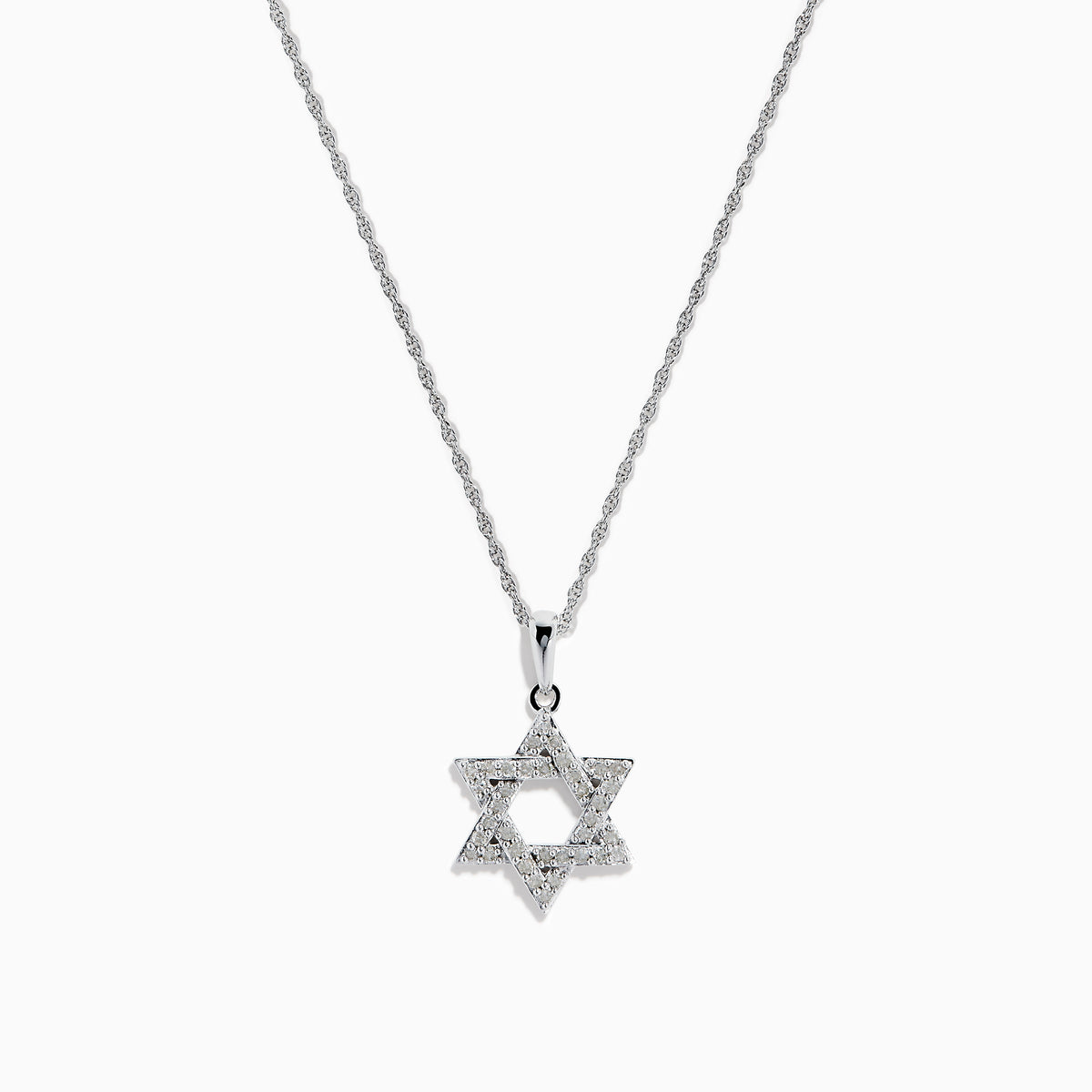 The 925 Sterling Silver Diamond Star of David Pendant is showcased on a silver chain, elegantly displayed against a white background.