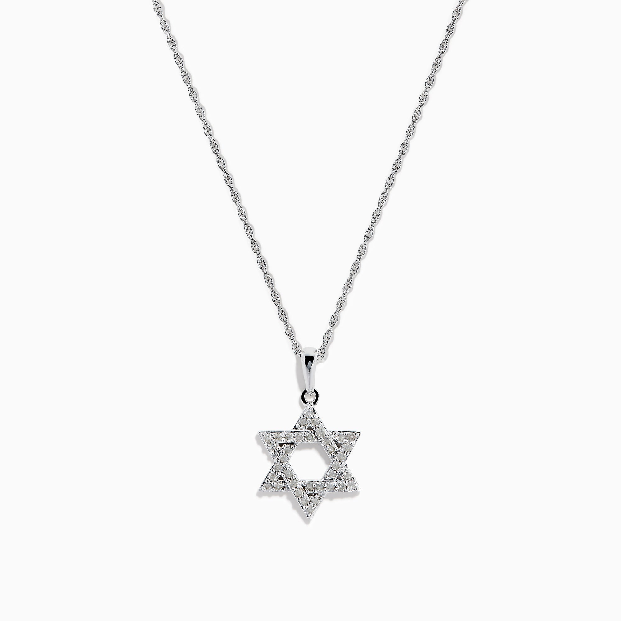 The 925 Sterling Silver Diamond Star of David Pendant is showcased on a silver chain, elegantly displayed against a white background.