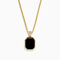 The Mens 14K Yellow Gold Onyx and Diamond Pendant features a diamond-accented bail, an octagonal onyx center bordered in gold, all suspended from a yellow gold chain.